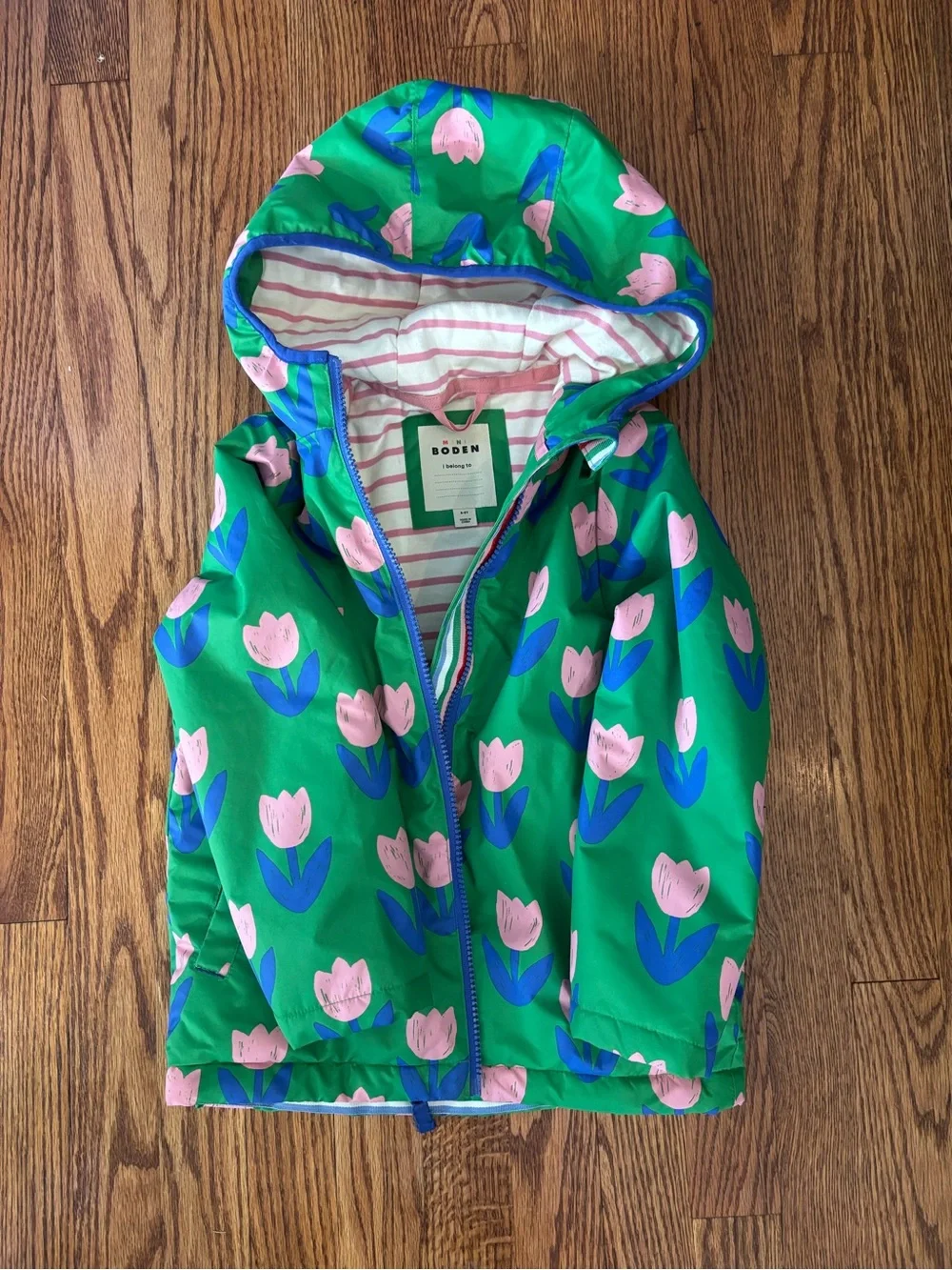 Mini Boden Jersey-Lined Anorak/Raincoat in Runner Bean Green Tulips size 5/6Y